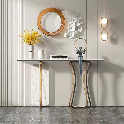 Modern Console Table With Marble Top Metal Frame Yellow Flowers Sculpture And Round Mirror 3d model