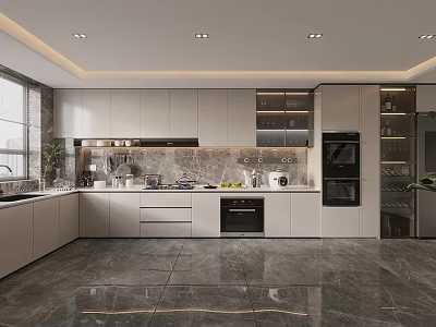 Modern Kitchen Interior With White Cabinets Marble Countertop And Built-in Appliances 3d model