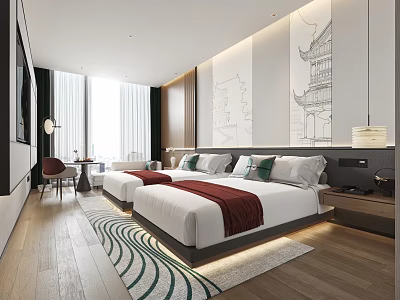 Hotel Guest Room With Twin Beds Red Blankets Decorative Wall Art Wooden Flooring And Windows 3d model