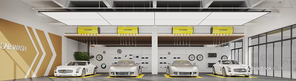 4S Auto Shop Service Workshop With Two Silver Sports Cars Tool Wall And Yellow Banners 3d model 