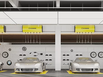 4S Auto Shop Service Workshop With Two Silver Sports Cars Tool Wall And Yellow Banners 3d model