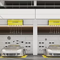 4S Auto Shop Service Workshop With Two Silver Sports Cars Tool Wall And Yellow Banners