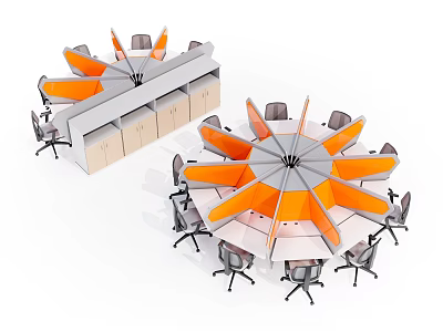 Circular Office Desk With Orange Dividers Gray Chairs And White Cabinets Modern Workspace 3d model