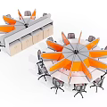 Circular Office Desk With Orange Dividers Gray Chairs And White Cabinets Modern Workspace
