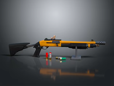 Yellow And Black Shotgun With Ammunition And Display Stand On Black Surface 3d model