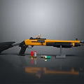 Yellow And Black Shotgun With Ammunition And Display Stand On Black Surface