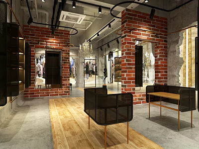 Modern Clothing Store Interior With Brick Walls Wooden Flooring Black Metal Furniture And Mirrors 3d model