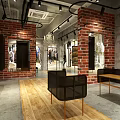 Modern Clothing Store Interior With Brick Walls Wooden Flooring Black Metal Furniture And Mirrors