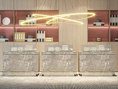 Elegant Marble Countertops With Modern Pendant Light And Wooden Red Wall Display Shelves 3d model