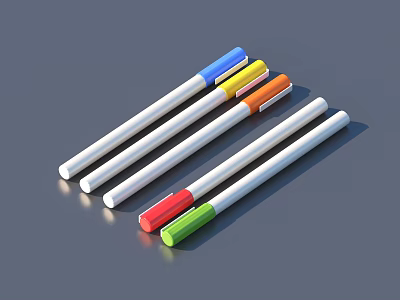 Colorful Pens With White Bodies And Colored Caps Arranged On Gray Background 3d model