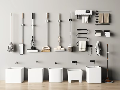 Cleaning Tools And Bathroom Sinks Arranged On Wall With Mop 3d model
