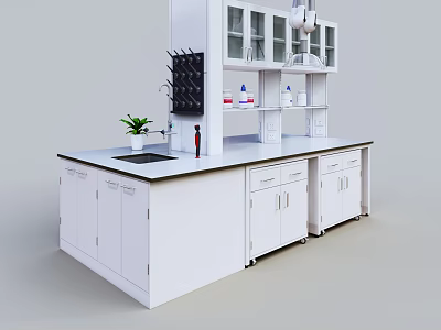 Modern Laboratory Setup With White Bench Sink Faucet Glass Cabinet And Lab Supplies 3d model