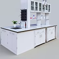 Modern Laboratory Setup With White Bench Sink Faucet Glass Cabinet And Lab Supplies