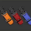 Three Colorful Trucks in Orange Red Blue Lined Up with Shiny Reflections