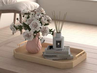Stylish Decorative Ornament Set With Wooden Tray Pink Vase White Flowers Diffuser And Books 3d model