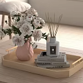 Stylish Decorative Ornament Set With Wooden Tray Pink Vase White Flowers Diffuser And Books