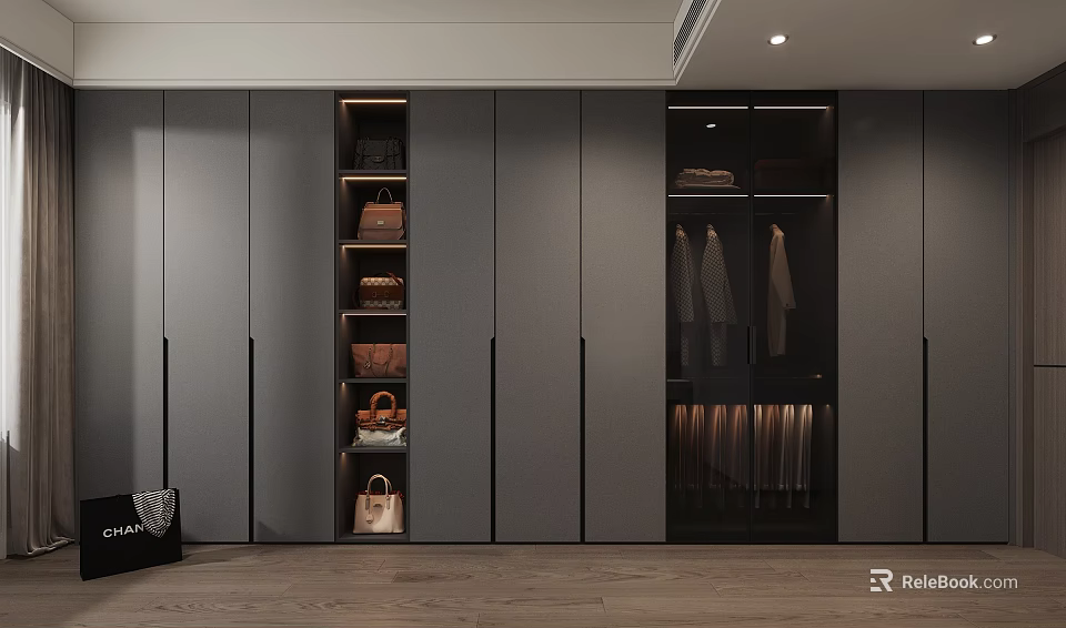 Modern Built in Wardrobe with Gray Doors Open Shelves and Hanging Clothes Storage 3d model 