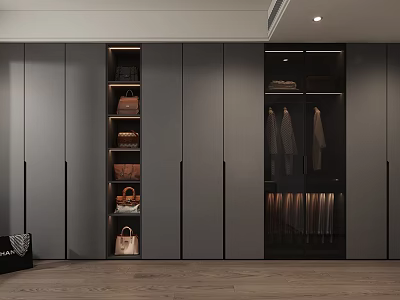Modern Built in Wardrobe with Gray Doors Open Shelves and Hanging Clothes Storage 3d model