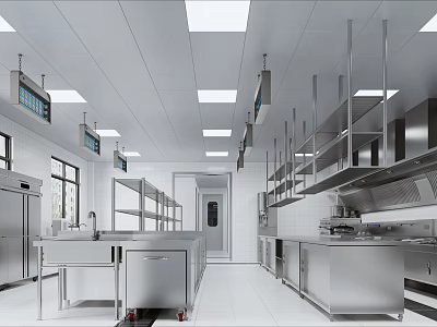 Commercial Kitchen Interior With Stainless Steel Worktables Shelves Range Hoods And Lighting 3d model
