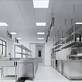 Commercial Kitchen Interior With Stainless Steel Worktables Shelves Range Hoods And Lighting