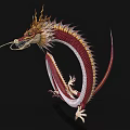 Mythical Flying Dragon With Red And White Scaled Body Golden Whiskers And Curved Claws