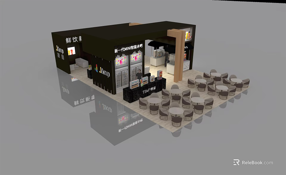 Modern Dessert Shop Interior With Cozy Tables Chairs Seating Area And Display Counter 3d model 