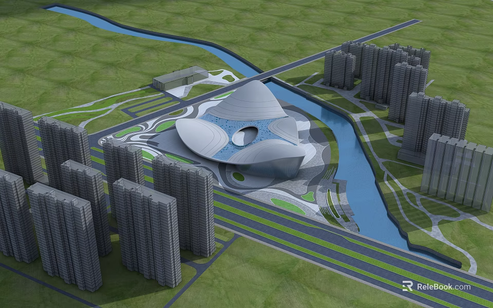 Unique Modern Architectural Design Surrounded By High Rise Buildings River And Green Space 3d model 