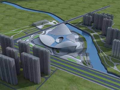 Unique Modern Architectural Design Surrounded By High Rise Buildings River And Green Space 3d model
