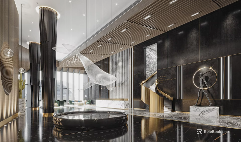 Modern Luxury Hotel Lobby Interior With Marble Floor Gold Accents And Artistic Pendant Lights 3d model 