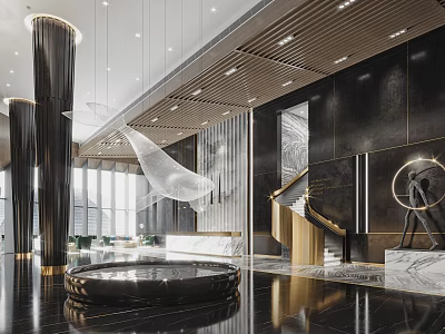 Modern Luxury Hotel Lobby Interior With Marble Floor Gold Accents And Artistic Pendant Lights 3d model