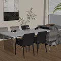 Modern Dining Table With Gray Chairs Vase Plants And Marble Island Interior Design