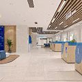 Modern Hotel Lobby With Large Blue Digital Screen Blue Sofas Wooden Decor And Green Plants