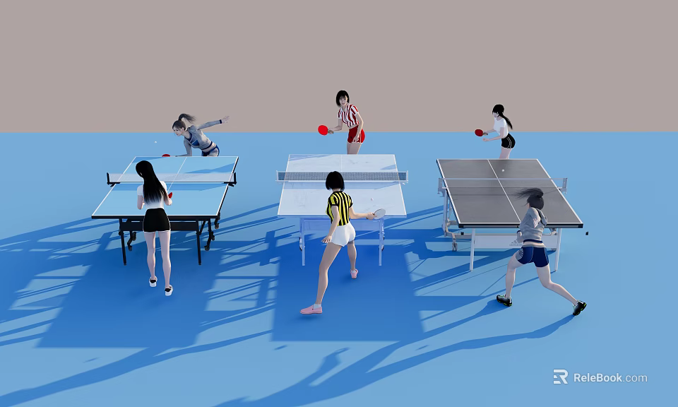 Group of People Playing Table Tennis at Several Tables in Active Scene 3d model 