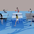 Group of People Playing Table Tennis at Several Tables in Active Scene