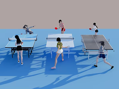 Group of People Playing Table Tennis at Several Tables in Active Scene 3d model