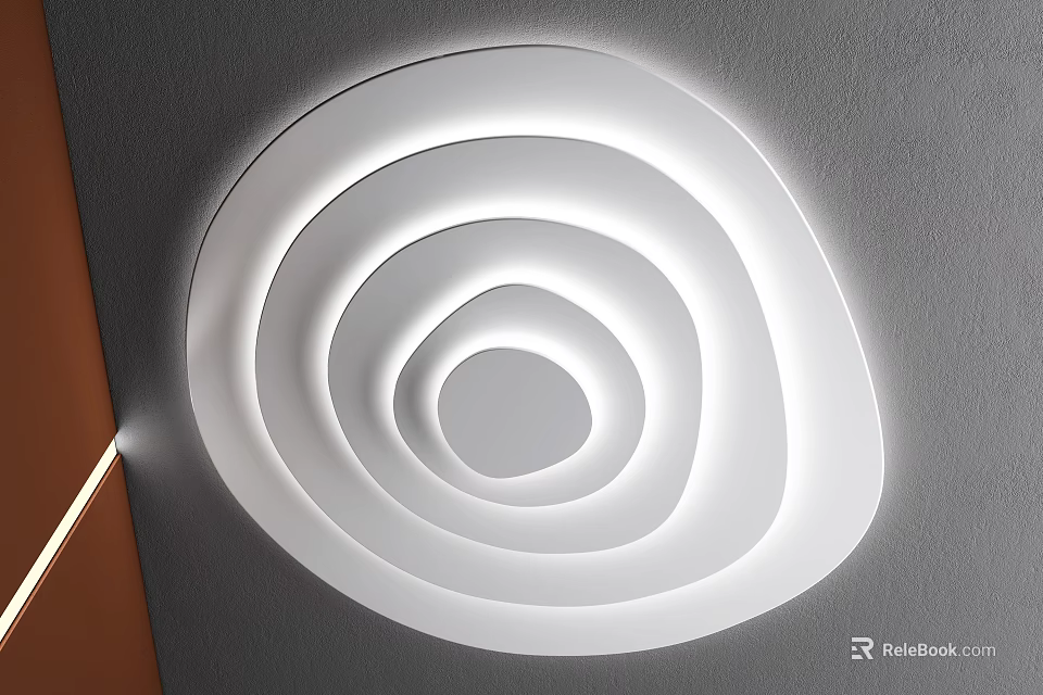Modern Circular Layered White Ceiling Light With Illuminated Rings On Gray Ceiling 3d model 