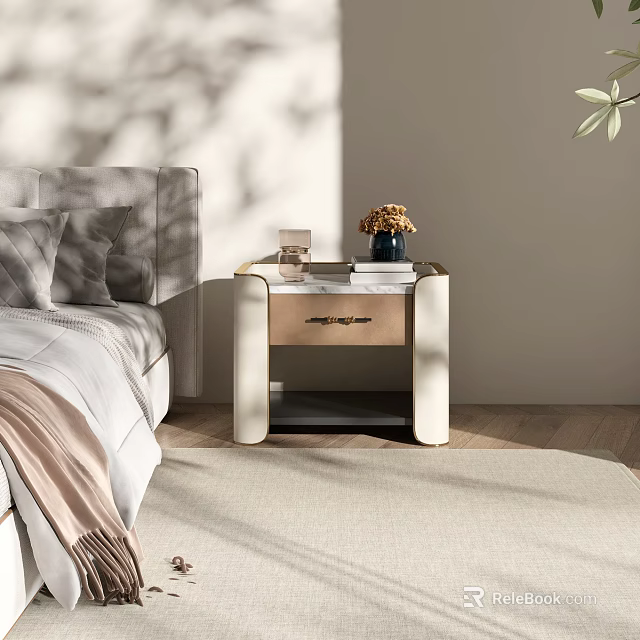 Elegant Modern Nightstand With Decorative Books Vase And Minimalist Design In Bedroom 3d model 
