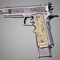 Intricately Engraved Silver Pistol Featuring Decorative Wooden Grip And Floral Patterns