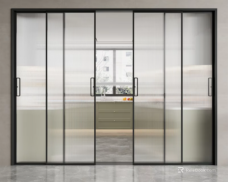 Modern Sliding Doors With Black Frame And Striped Glass Interior Design 3d model