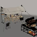 Outdoor Camping Setup With White Tent Table Chairs And Grill Gear 3d model