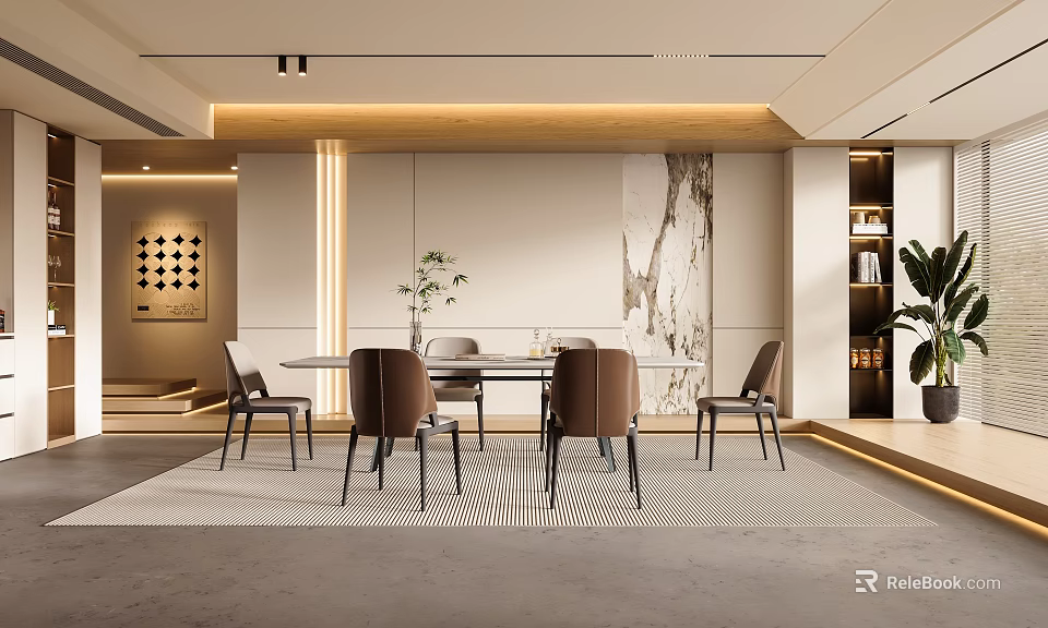 Modern Restaurant Interior Design With Dining Table Chairs Marble Wall Rug And Warm Lighting 3d model 