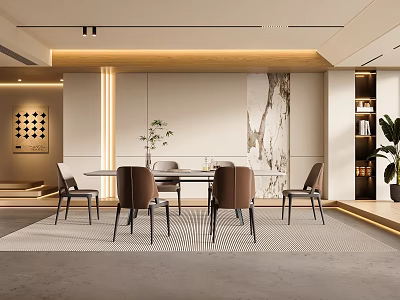 Modern Restaurant Interior Design With Dining Table Chairs Marble Wall Rug And Warm Lighting 3d model