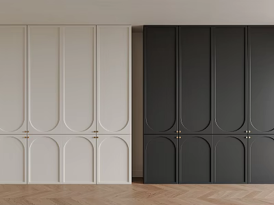 Modern White And Black Wardrobe Design With Arched Panel Doors And Wooden Flooring 3d model