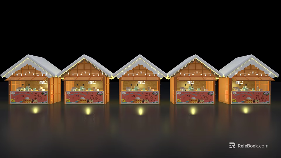 Festive Wooden Market Huts With Snow Covered Roofs Lit Lights And Displayed Goods 3d model 