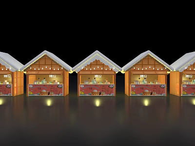 Festive Wooden Market Huts With Snow Covered Roofs Lit Lights And Displayed Goods 3d model