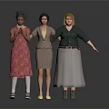Three Women Standing Together In Different Stylish Outfits Dresses Skirt Suits and Long Skirts