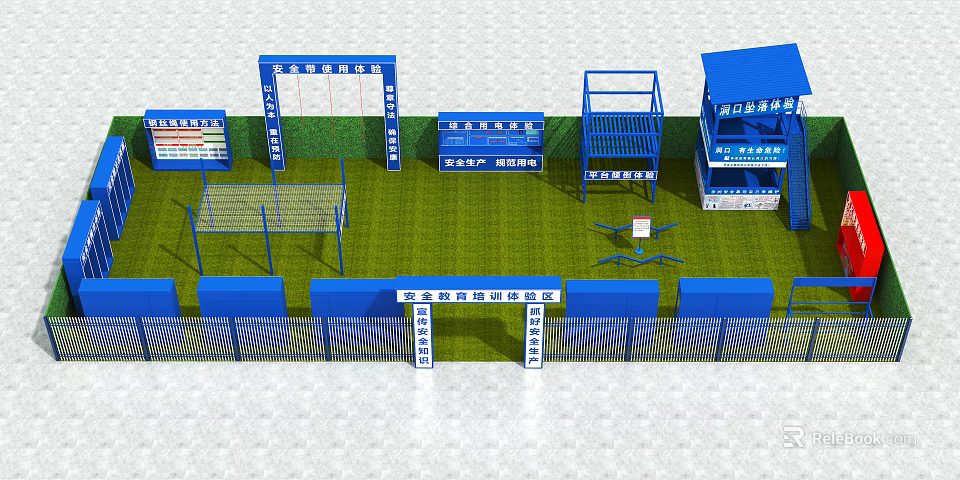 Outdoor Physical Training Ground With Blue Equipment Horizontal Bars Parallel Bars Stands And Green Lawn 3d model 