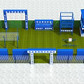 Outdoor Physical Training Ground With Blue Equipment Horizontal Bars Parallel Bars Stands And Green Lawn