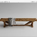 Rustic Wooden Public Bench With Gray Blanket Natural Wood Texture And Crossed Legs