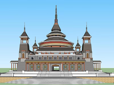 Ancient Architectural Design With Central Dome Symmetric Towers And Ornate Details 3d model